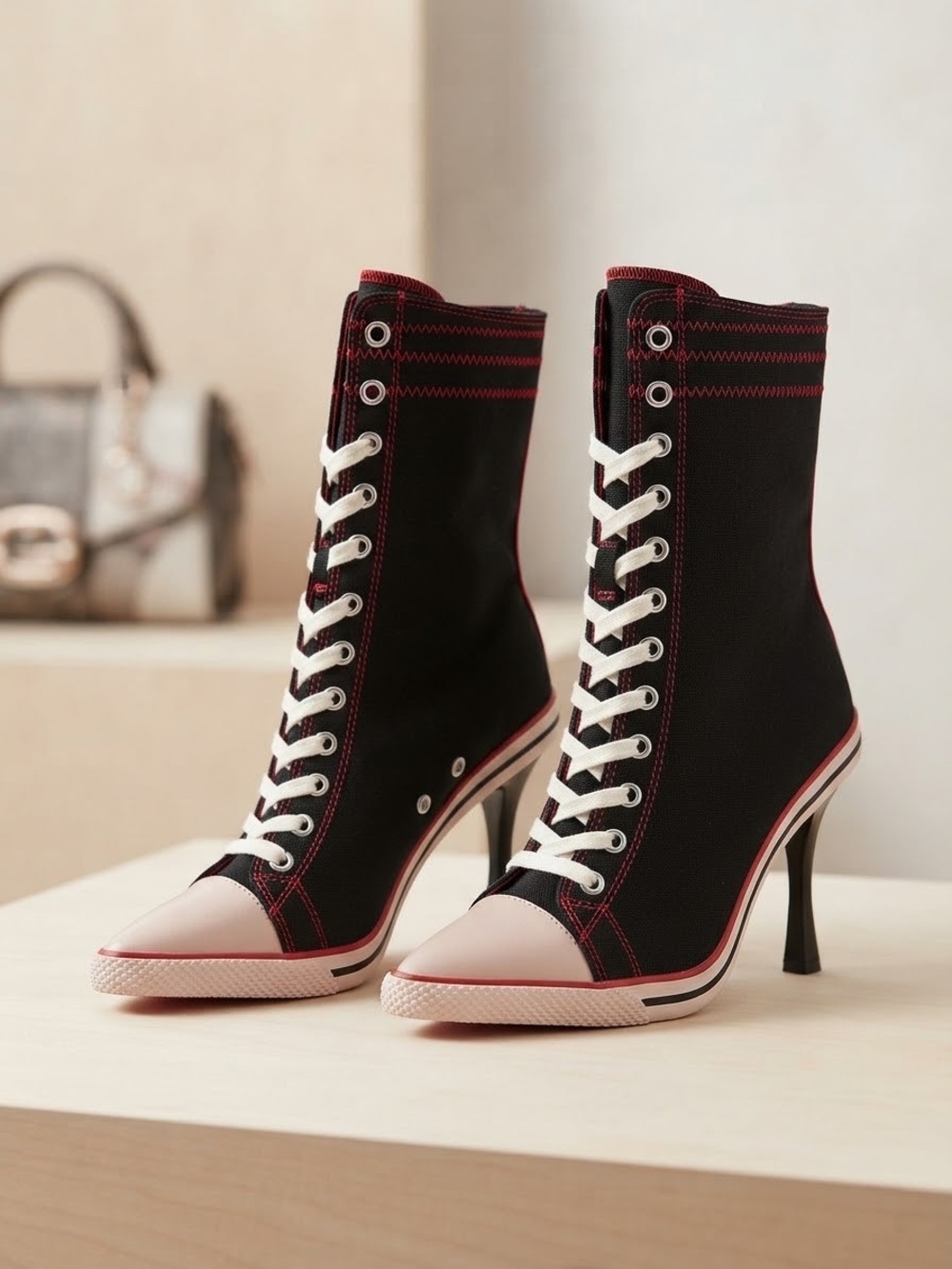 Nowell Black Canvas High-Heel Lace-Up Sneakers with Pink Accent